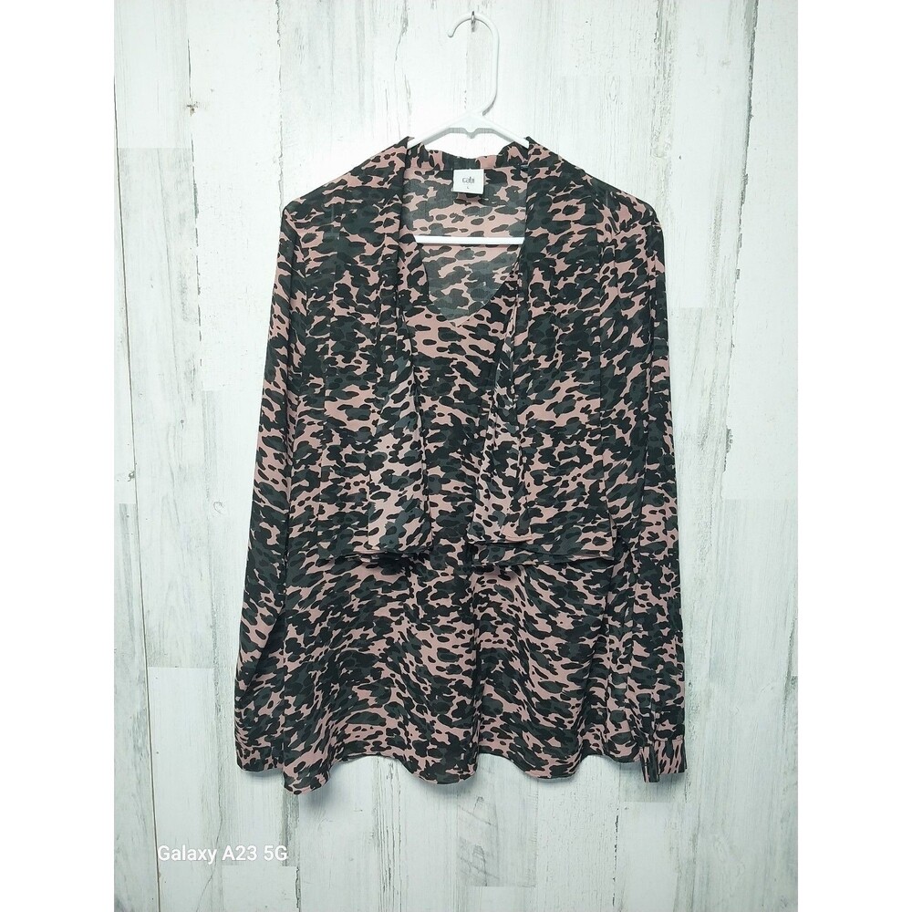 Cabi Pink Black Camo Neck Tie Long Sleeve Sheer Blouse Size Large